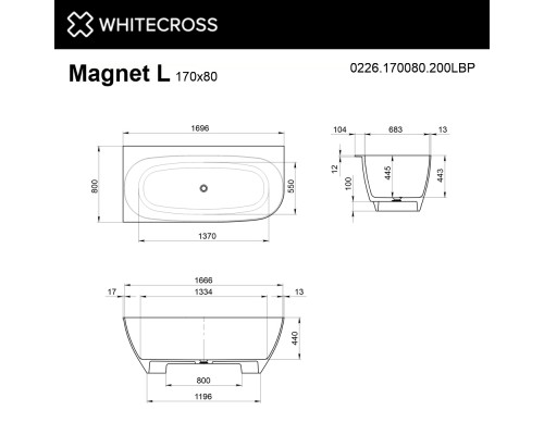 Ванна WHITECROSS Magnet 170x80 L БЕЗ ПЕРЕЛИВА (белый мат) иск. камень