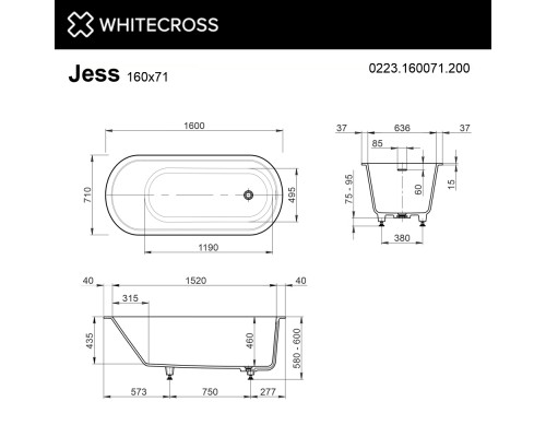 Ванна WHITECROSS Jess 160x71 (белый мат) иск. камень Ванна WHITECROSS Jess 160x71 (белый мат) иск. камень