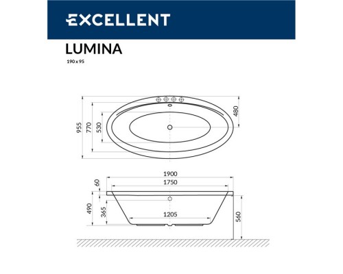 Акриловая ванна Excellent Lumina 190 x 95 (96) см, WAEX.LUM19WH Акриловая ванна Excellent Lumina 190 x 95 (96) см, WAEX.LUM19WH Elit-san.ru
