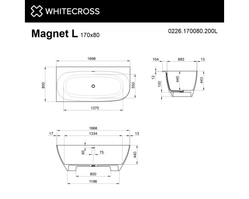 Ванна WHITECROSS Magnet 170x80 L (белый мат) иск. камень