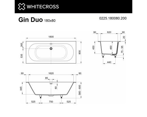 Ванна WHITECROSS Gin Duo 180x80 (белый мат) иск. камень