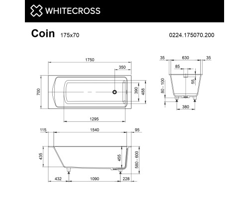Ванна WHITECROSS Coin 175x70 (белый мат) иск. камень Ванна WHITECROSS Coin 175x70 (белый мат) иск. камень