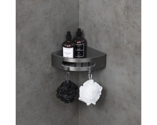 Полка для душа угловая Lemark SHELF LINE из нерж. стали с крючками, графит/вставка-пластик графит (9776048)