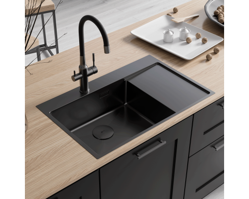 Кухонная мойка Lemark KEZADRA 780L прямоугольная с крылом из нержавеющей стали (чаша СЛЕВА) цвет: чёрный матовый (9932152) Кухонная мойка Lemark KEZADRA 780L прямоугольная с крылом из нержавеющей стали (чаша СЛЕВА) цвет: чёрный матовый (9932152)