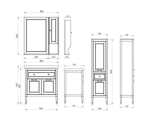 Комплект мебели белый серебряная патина 86 см ASB-Woodline Гранда