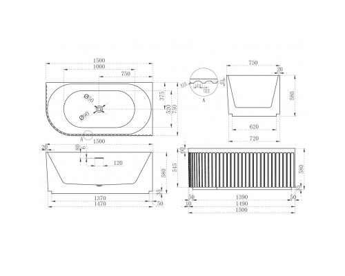 Акриловая ванна 150x75 см R Abber AB9412-1.5 R