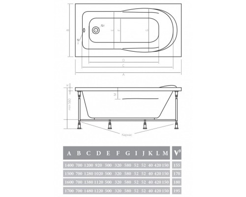 Акриловая ванна 170x70x40 см Alpen Karmenta AVP0004