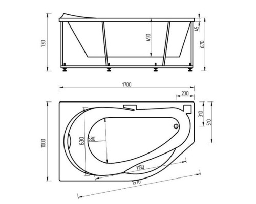 Акриловая ванна 170x100 см правая Aquatek Таурус TAR170-0000147