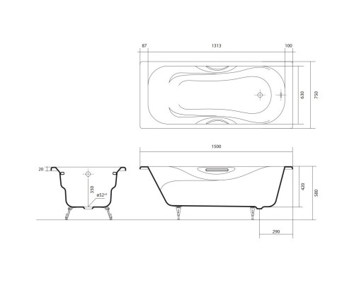 Чугунная ванна 150x75 см Aquatek Гамма AQ8050FH-00