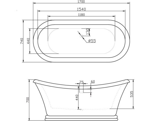 Акриловая ванна 170x74 см BelBagno BB09