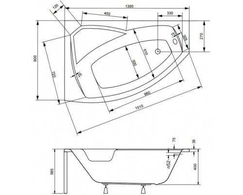 Акриловая ванна 139,5x90 см L Besco Rima WAR-140-NL