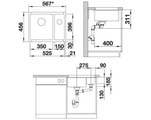 Кухонная мойка Blanco Subline 350/150-U InFino базальт 523746