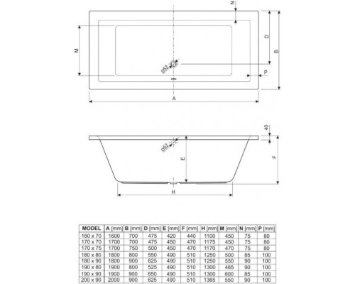 Акриловая ванна 190x90 см Cezares Plane PLANE-190-80-49-W37