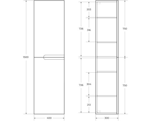 Пенал подвесной Bianco Opaco Cezares Duet DUET-1500-2A-SC-BO