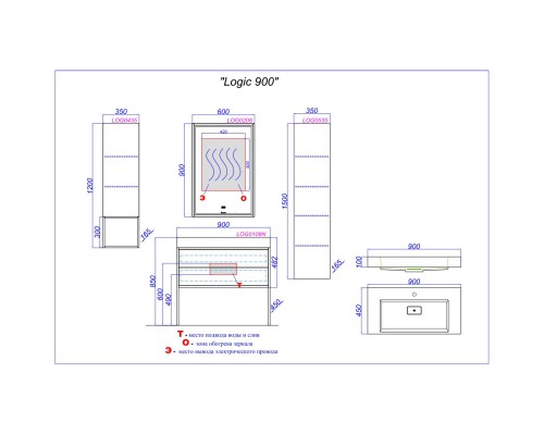 Комплект мебели белый глянец/черный 90 см Clarberg Logic LOG0109N + Tol.09.04.D + LOG0206