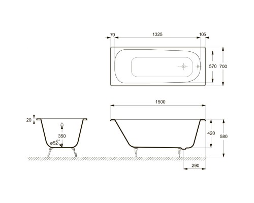 Чугунная ванна 150x70 см Delice Continental DLR230612-AS