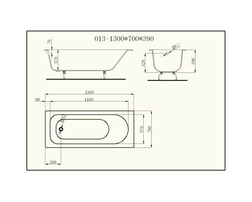Чугунная ванна 130x70 см без ручек Castalia V0000081
