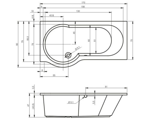 Акриловая ванна 170x90 см Riho Dorado R BA8000500000000