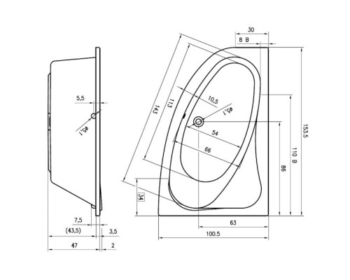 Акриловая ванна 153,5x100,5 см Riho Lyra L B022001005