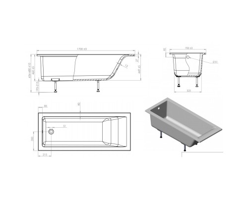 Ванна из литого мрамора 170x70 см Astra-Form Нейт 010114