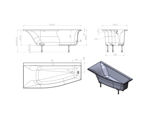 Ванна из литого мрамора 170x75 см L Astra-Form Скат 01010014