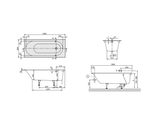 Квариловая ванна 180x80 см альпийский белый Villeroy & Boch Oberon UBQ180OBE2V-01