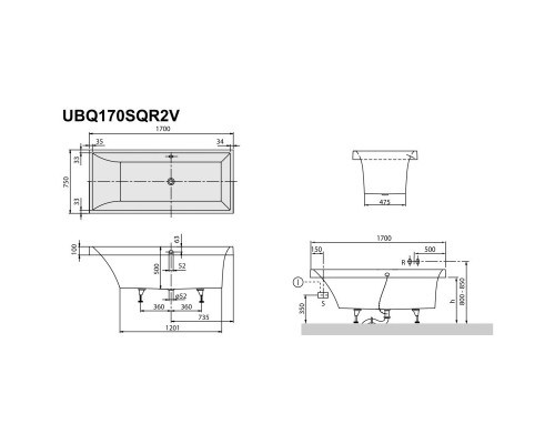 Квариловая ванна 170x75 см альпийский белый Villeroy & Boch Squaro UBQ170SQR2V-01