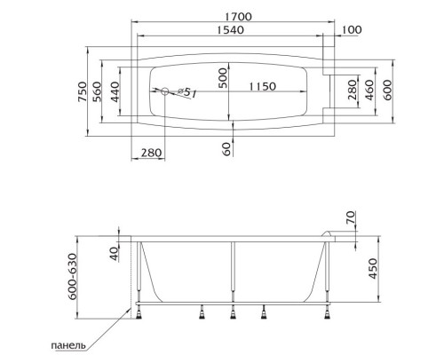 Акриловая ванна 170x75 см Marka One Aelita 01ae1775