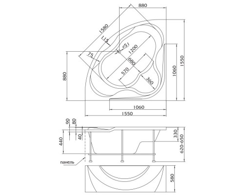 Акриловая ванна 155x155 см 1Marka Luxe 01лю1515