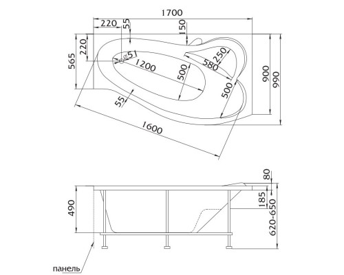 Акриловая ванна 170x99 см L Marka One Gracia 01гр1710л