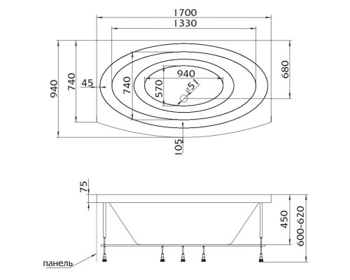 Акриловая ванна 170x94 см Marka One Nega 01нег1795