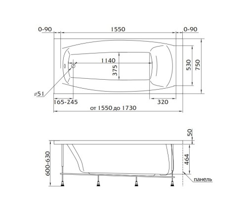 Акриловая ванна 173x75 см Marka One Pragmatika 01пр17375