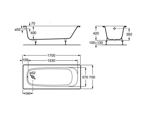 Чугунная ванна 170x70 см без противоскользящего покрытия Roca Continental 21290100R