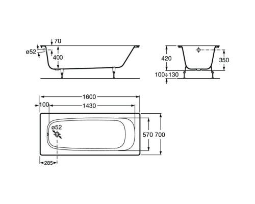 Чугунная ванна 160x70 см без противоскользящего покрытия Roca Continental 21290200R