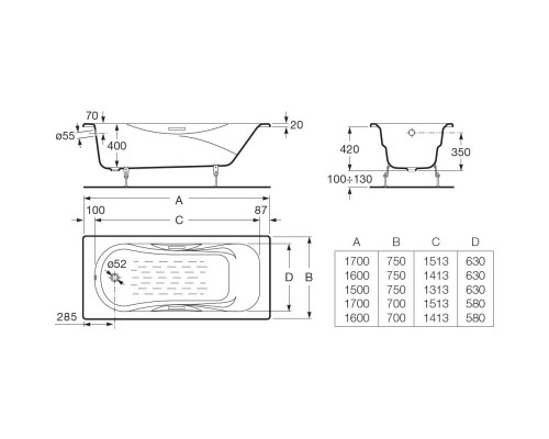 Чугунная ванна 160x75 см с противоскользящим покрытием Roca Malibu 2310G000R