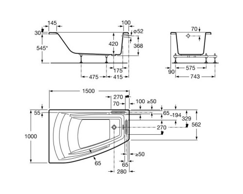 Акриловая ванна 150x100 см левая Roca Hall Angular ZRU9302864