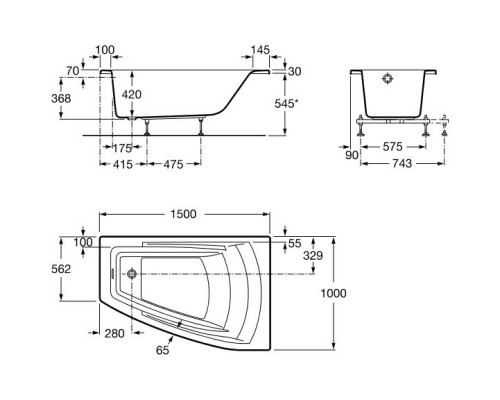 Акриловая ванна 150x100 см правая Roca Hall Angular ZRU9302865