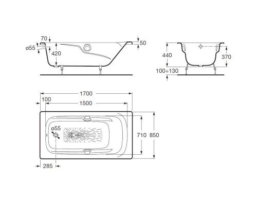 Чугунная ванна 170x85 см с противоскользящим покрытием Roca Ming 2302G000R