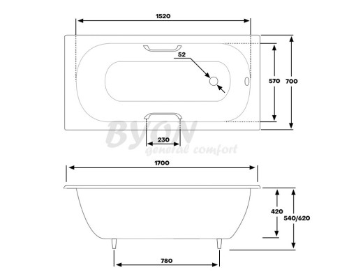 Чугунная ванна 170x70 см с ручками Byon 13 V0000226
