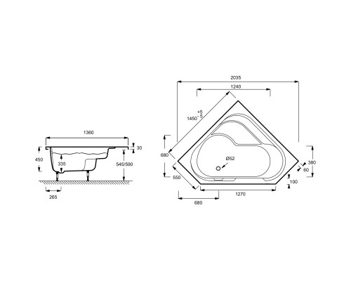 Акриловая ванна 145х145 см L Jacob Delafon Bain-Douche E6222RU-00