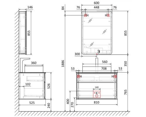 Зеркальный шкаф 60x85,5 см розовый иней R Jorno Pastel Pas.03.60/PI