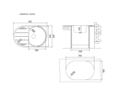 Кухонная мойка полированная сталь Longran Eclipse ELP780.500 -GT8P 1R