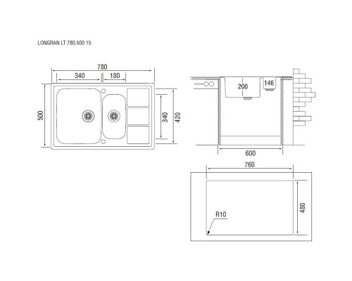 Кухонная мойка полированная сталь Longran Lotus LTP780.500 15XT8P