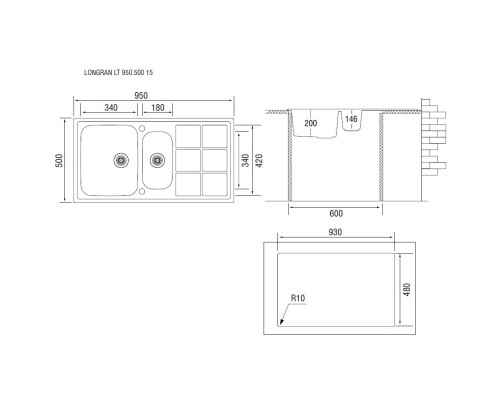 Кухонная мойка полированная сталь Longran Lotus LTP950.500 15XT8P