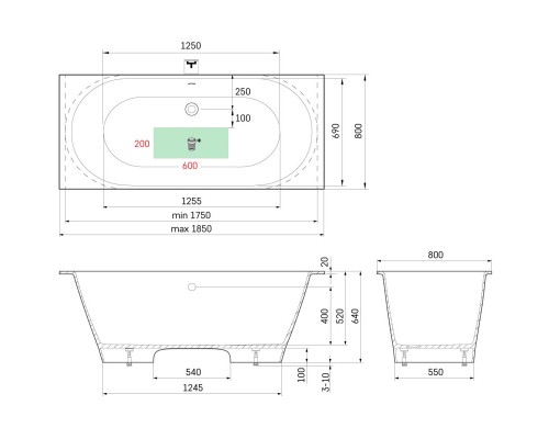 Ванна из литого мрамора 185x80 см PAA Vario Grande VAVARGR/00