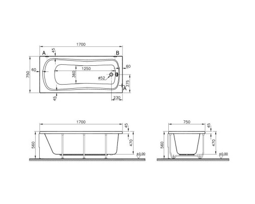 Акриловая ванна 170x75 см Vitra Comfort 52330001000