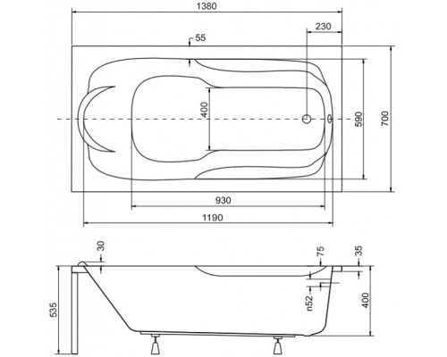 Акриловая ванна 138x70 см Besco Bona WAB-140-PK