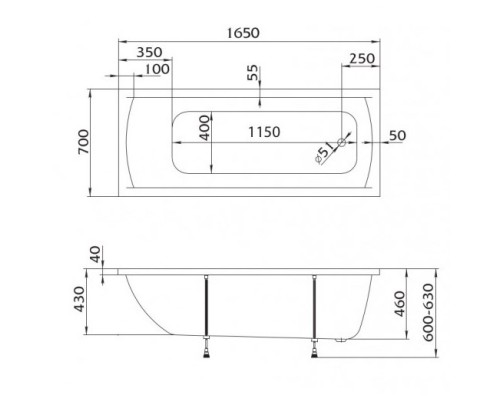 Акриловая ванна 165x70 см Vayer Milana GL000022941