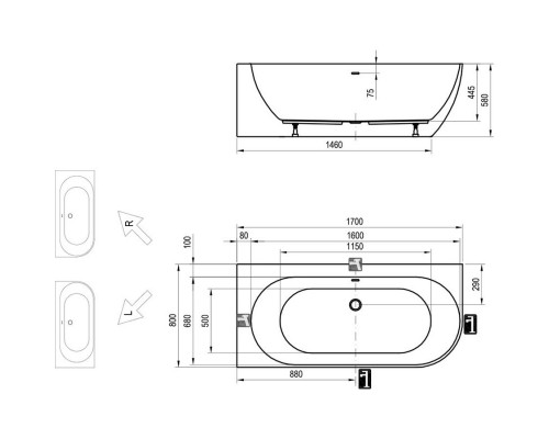 Акриловая ванна 170x80 см L Ravak Freedom Corner XC00100041