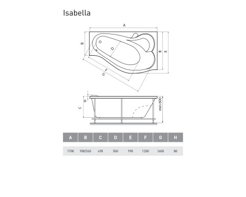 Акриловая ванна 170x90 см R Relisan Isabella GL000010530